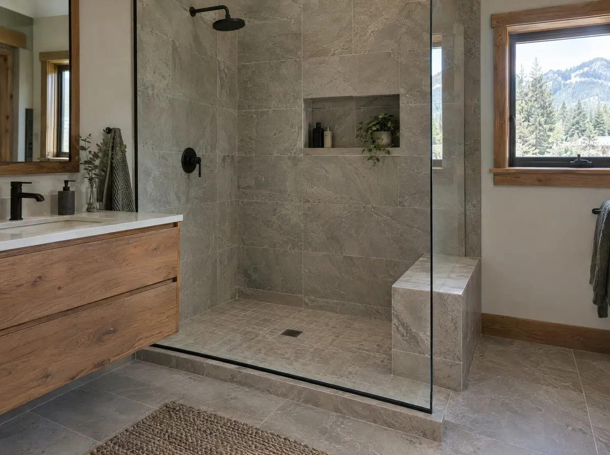 Newly tiled walk-in shower with a built-in niche and bench, large stone-look porcelain tiles and a floating wood vanity in a mountain home bathroom.