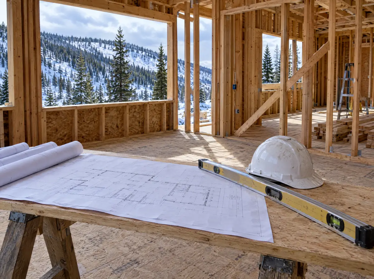 Printed floor plans, a hard hat and a level on a sawhorse inside a framed mountain home addition, snowy hillside visible through open walls.