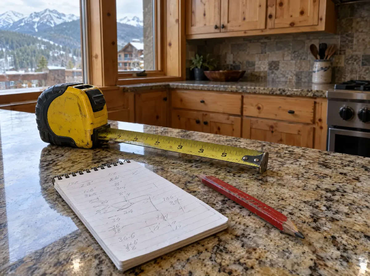 Contractor's tape measure, pencil and notepad with handwritten measurements resting on a granite kitchen counter in a mountain condo with pine cabinets.